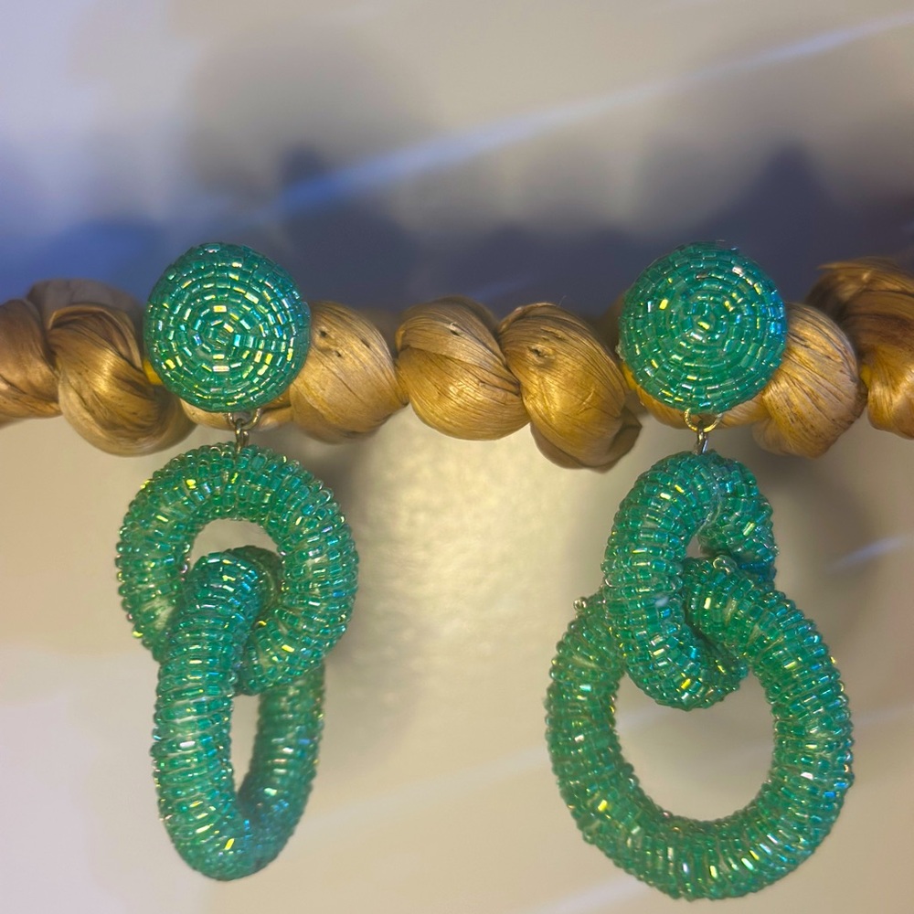 Green Beaded Statement Earrings - image 3